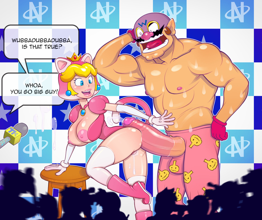 animal_humanoid big_breasts big_penis blonde_hair blue_eyes breasts brown_hair cat_humanoid cat_peach facial_hair feline female fur hair humanoid male male/female mammal mario_bros muscular mustache nintendo penis pink_fur princess_peach rhythm_heaven turk128 video_games wario warioware