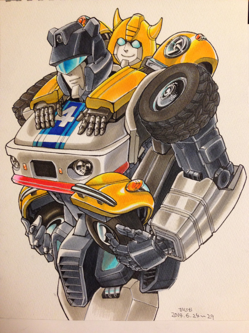 alien autobot blue_eyes bumblebee_(transformers) carrying cute cybertronian happy hi_res horn humanoid jazz_(transformer) kazisuke machine male not_furry robot simple_background size_difference smile standing traditional_media_(artwork) transformers vehicle wheels white_background