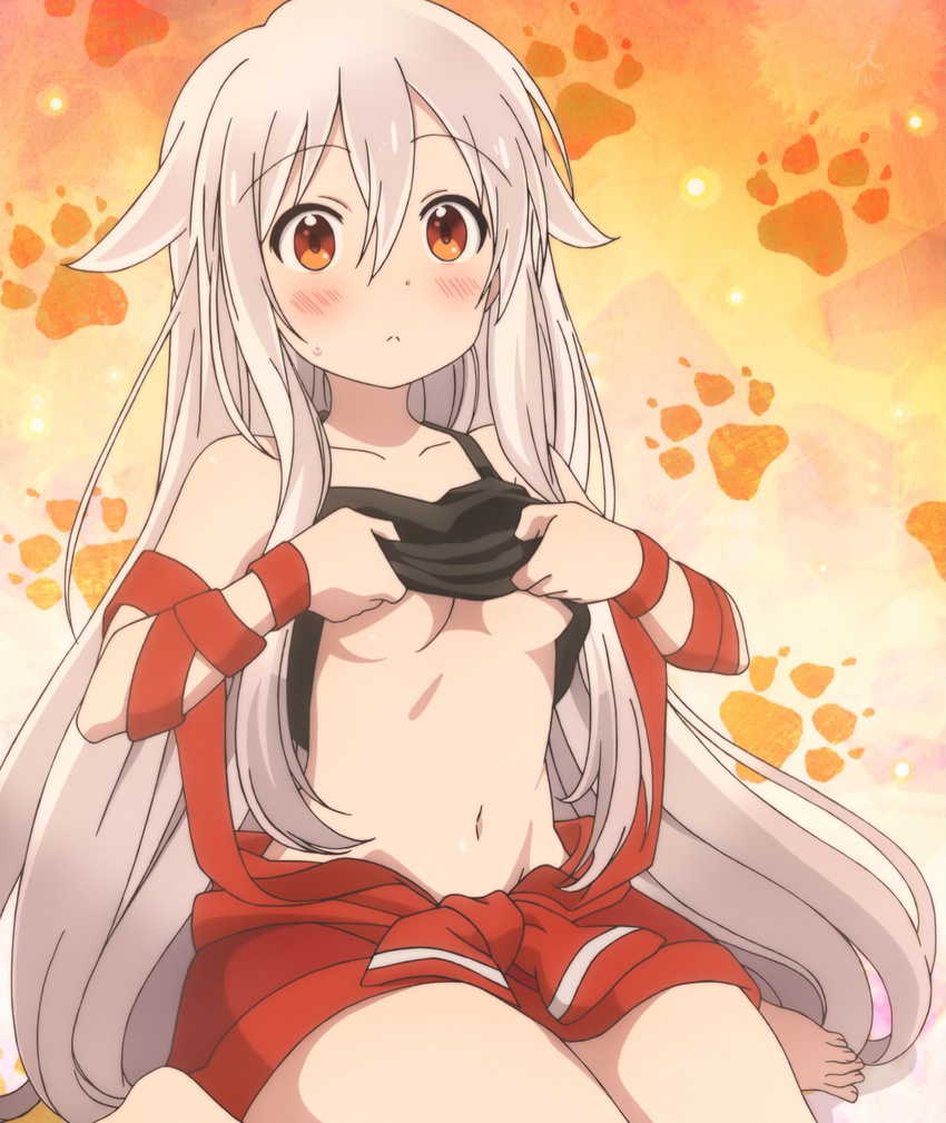 bare_shoulders barefoot blush breasts chiya_(urara_meirochou) highres long_hair midriff navel orange_eyes screencap solo sweatdrop underboob urara_meirochou very_long_hair white_hair