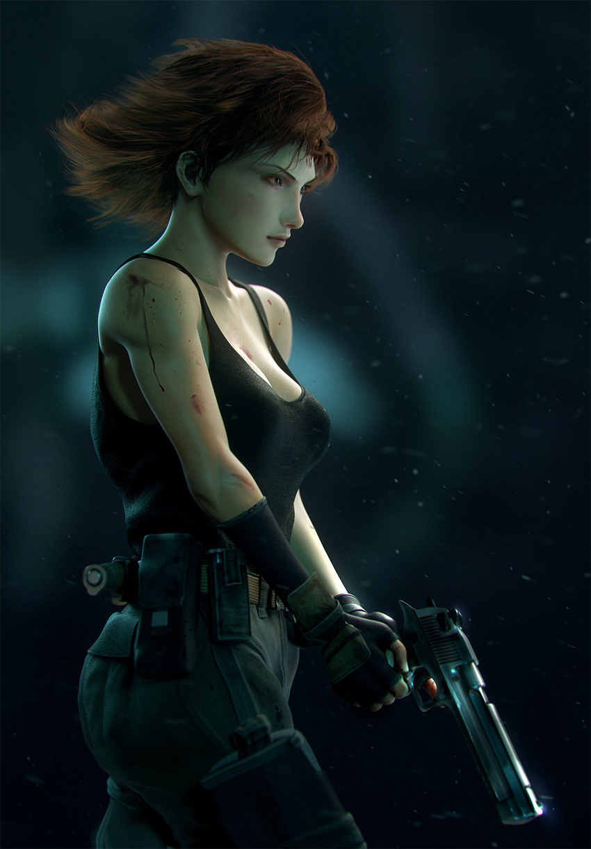 black_gloves blood blood_splatter blue_eyes breasts brown_hair cargo_pants cleavage combat_knife desert_eagle eyebrows fingerless_gloves from_side gloves gun handgun highres holster knife large_breasts lips meryl_silverburgh metal_gear_(series) metal_gear_solid mismatched_gloves no_bra nose pants serious short_hair solo tank_top thigh_holster thigh_pouch trigger_discipline weapon wen_jr