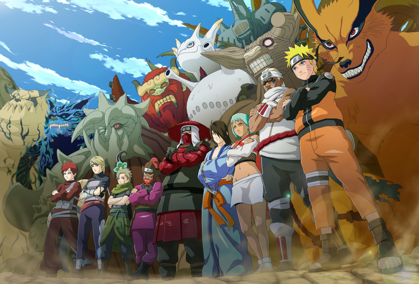 6+boys absurdres aqua_hair artist_request beard bike_shorts black_shorts blonde_hair blue_eyes brown_eyes brown_hair choumei_(naruto) crossed_arms dark_skin day facial_hair facial_mark forehead_protector from_below full_body fuu_(naruto) gaara groin gyuuki_(naruto) hair_over_one_eye han_(naruto) highres isobu_(naruto) karatachi_yagura killer_bee kokuou_(naruto) kurama_(naruto) lens_flare matatabi_(naruto) midriff multiple_boys multiple_girls naruto naruto_(series) naruto_shippuuden navel nii_yugito orange_pants outdoors red_hair roushi_(naruto) saiken_(naruto) shorts shorts_under_skirt shukaku_(naruto) silver_hair skirt son_gokuu_(naruto) spiked_hair standing stomach utakata_(naruto) uzumaki_naruto white_skirt