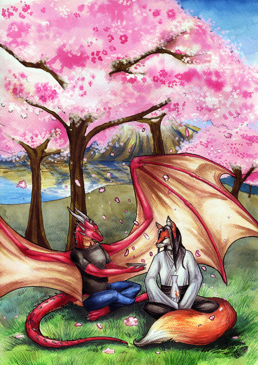 2013 anthro black_hair canine day detailed_background dragon duo fox grass hair horn male mammal membranous_wings natoli outside sky smile traditional_media_(artwork) tree wings