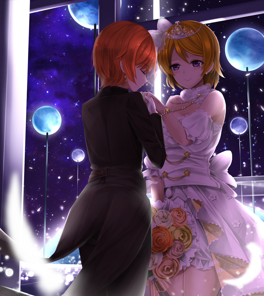 bouquet brown_hair closed_eyes commentary_request dress earrings flower formal gloves highres holding_hands hoshizora_rin jewelry koizumi_hanayo looking_at_another love_live! love_live!_school_idol_project multiple_girls night night_sky orange_hair orein purple_eyes sky smile star_(sky) starry_sky suit tears tiara underwear wedding_dress white_dress wife_and_wife yuri