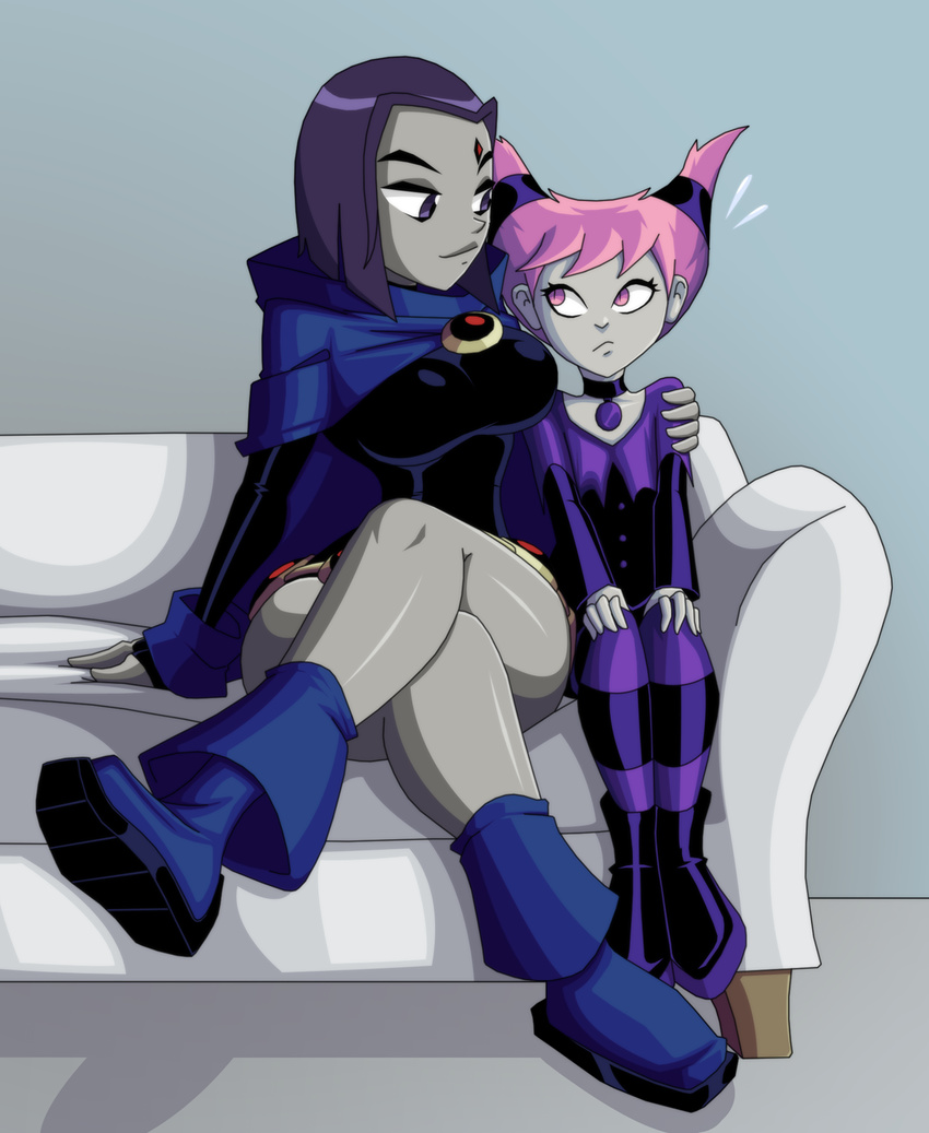 2girls breasts couch grey_skin hand_on_shoulder jinx large_breasts legs_crossed looking_at_another multiple_girls pink_eyes pink_hair purple_eyes purple_hair raven_(dc) sitting sweatdrop teen_titans yuri