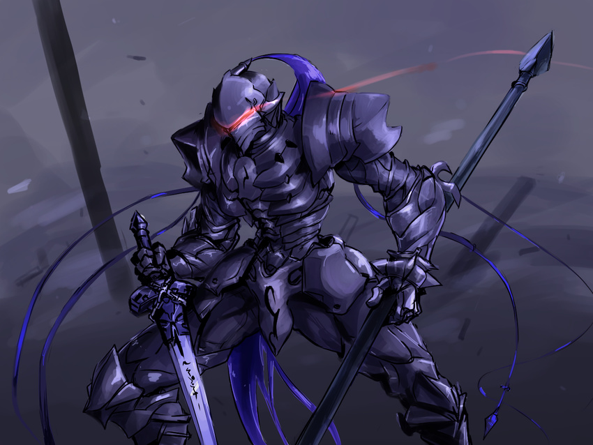 armor armored_dress arondight berserker_(fate/zero) black_armor black_background breastplate commentary_request depo_(typebaby505) fate/zero fate_(series) full_armor gauntlets glowing glowing_eye greaves helmet holding holding_sword holding_weapon knight male_focus pauldrons signature solo sword weapon