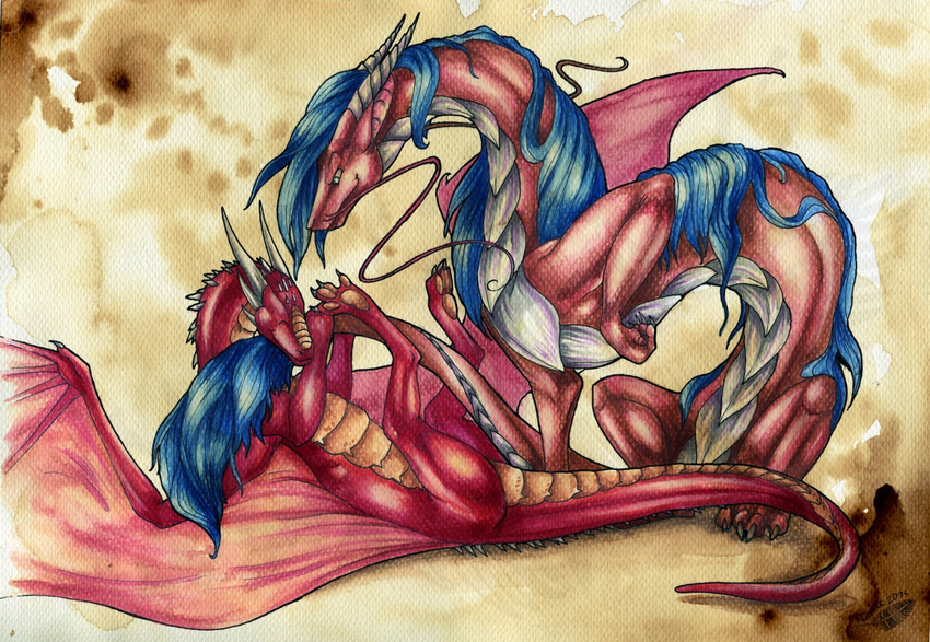 2014 blue_hair dragon duo female feral hair horn lying male membranous_wings natoli nude on_back smile spines traditional_media_(artwork) watermark wings