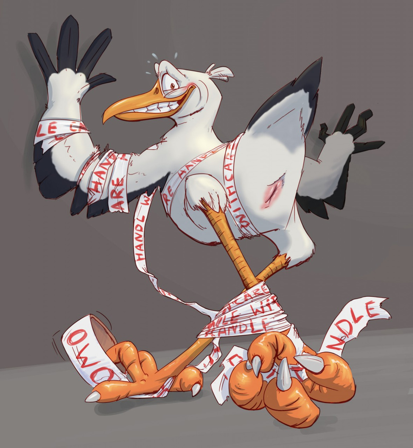 2016 amethystlongcat animal_genitalia avian bdsm bird blush bondage bound claws cloaca embarrassed grey_background hi_res junior_(storks) male owo paws presenting presenting_cloaca semi-anthro simple_background smaller_version_at_source solo stork storks talons tape