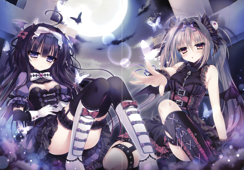 absurdres ahoge black_dress black_hair black_legwear black_ribbon boots bow breasts brown_eyes brown_hair bug butterfly cleavage demon_wings dress full_moon garter_straps garters gloves hair_bow hair_ribbon highres huge_filesize insect knee_boots long_hair medium_breasts moon multiple_girls original outstretched_arm purple_eyes ribbon rubi-sama sleeveless striped striped_ribbon thighhighs tsukikage_nemu white_bow white_gloves wings wrist_cuffs
