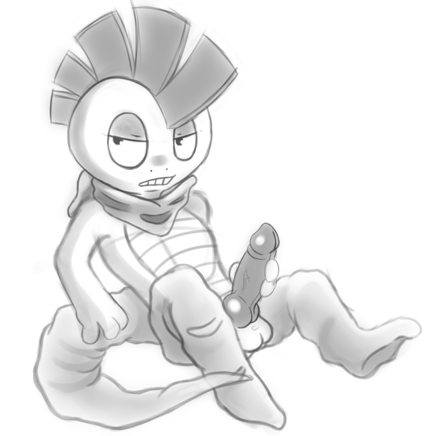 anthro balls bluebean crest erection frown glans greyscale half-closed_eyes knot looking_away male monochrome nintendo penis pok&eacute;mon pseudo_clothing reclining scalie scrafty solo spread_legs spreading vein veiny_penis video_games