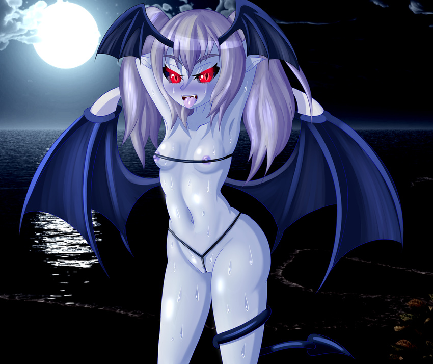 1girl :d _hair absurdres areolae armpits arms_behind_head arms_up bangs bare_arms bare_shoulders bat_wings beach bikini black_bikini black_sclera blush breasts cameltoe cloud cowboy_shot cropped_legs demon_girl demon_tail demon_wings devil_(monster_girl_encyclopedia) ecstasy_(icyblue) fang female full_moon grey_hair hair_between_eyes head_wings highres horizon long_hair looking_at_viewer micro_bikini midriff monster_girl monster_girl_encyclopedia moon naughty_face navel night night_sky nipples ocean open_mouth pointy_ears red_eyes shiny sky slit_pupils small_breasts smile solo stomach string_bikini sweat swimsuit tail teeth thick_thighs tongue tongue_out twintails water wide_hips wings younger