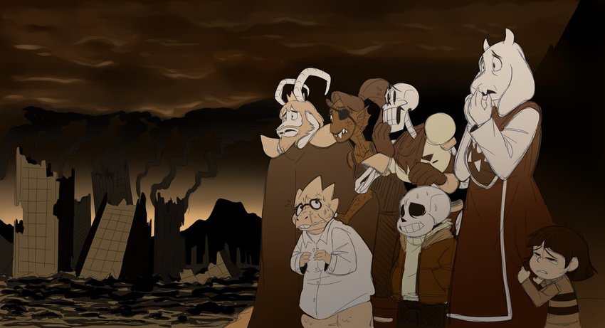 alphys alternate_universe animated_skeleton asgore_dreemurr bone boss_monster breasts clothed clothing cloud coat crying earthgwee eye_patch eyewear female fish glasses group hair human jacket lab_coat male mammal marine open_mouth papyrus protagonist_(undertale) ruins sad scalie scared skeleton smoke sweat tears teeth toriel undead undertale undyne video_games