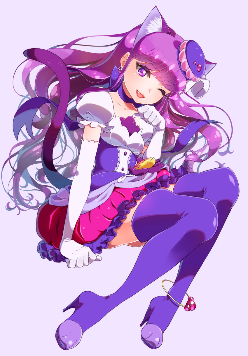 ;d animal_ears anklet boots cat_ears cat_tail choker cure_macaron elbow_gloves extra_ears eyebrows_visible_through_hair food_themed_hair_ornament frilled_skirt frills gloves hair_ornament highres invisible_chair jewelry kirakira_precure_a_la_mode kotozume_yukari layered_skirt long_hair looking_at_viewer macaron_hair_ornament magical_girl one_eye_closed open_mouth paw_pose precure purple purple_choker purple_eyes purple_footwear purple_hair purple_skirt sitting skirt smile solo tail thigh_boots thighhighs white_gloves yupiteru zettai_ryouiki