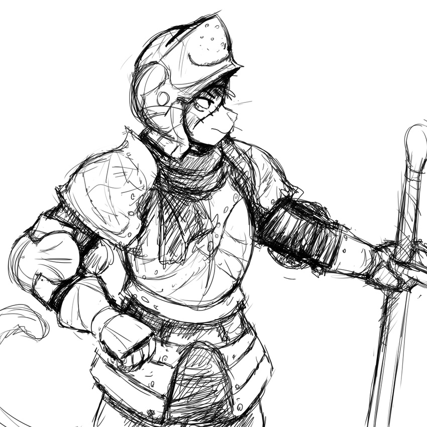 anthro armor black_and_white cat cat_knight feline female helmet hladilnik mammal melee_weapon monochrome scar solo sword weapon