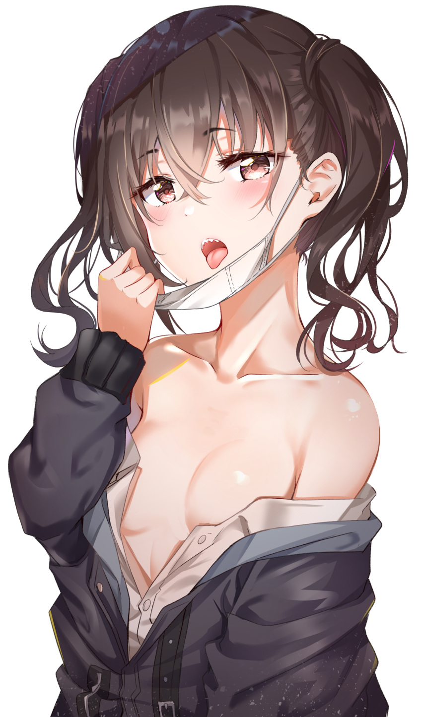 1girl :o absurdres bangs bare_shoulders black_jacket blush breasts breasts_apart brown_eyes brown_hair collarbone commentary_request eyebrows_visible_through_hair hair_between_eyes hand_up highres idolmaster idolmaster_cinderella_girls jacket long_hair long_sleeves looking_at_viewer mask_pull off_shoulder open_clothes open_jacket open_mouth partially_unbuttoned sharp_teeth shirt simple_background small_breasts solo sunazuka_akira sunhyun surgical_mask teeth tongue tongue_out twintails upper_body wavy_hair white_background white_shirt