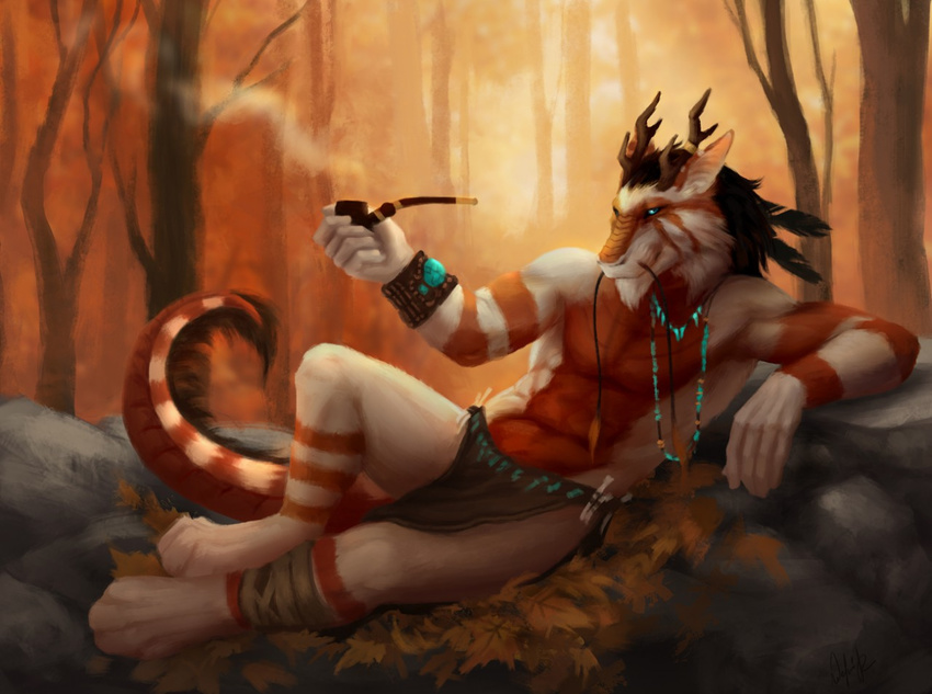 4_toes 5_fingers anthro antlers black_hair blue_eyes clothed clothing day dragon forest hair horn looking_at_viewer lying male outside pipe smile solo toes topless tree wolnir