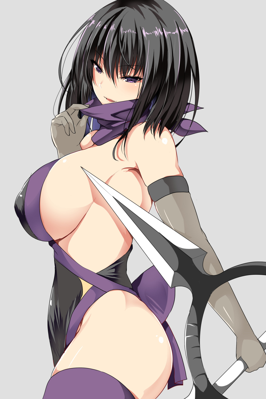 1girl absurdres ar_(lover_boy) armpits backless_outfit bandanna bangs bare_shoulders black_hair breasts commentary_request cowboy_shot elbow_gloves erect_nipples from_side gloves hair_between_eyes highres holding holding_weapon large_breasts looking_to_the_side ninja original parted_lips purple_bandana purple_eyes purple_legwear revealing_clothes short_hair sideboob smile solo thighhighs weapon