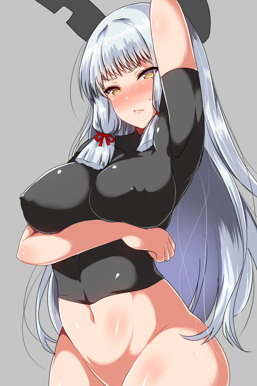 1girl absurdres ar_(lover_boy) arm_under_breasts arm_up bangs blush bottomless breast_hold breasts closed_mouth commentary_request cowboy_shot erect_nipples grey_background hair_ribbon headgear highres impossible_clothes impossible_shirt kantai_collection large_breasts long_hair looking_at_viewer murakumo_(kantai_collection) navel nose_blush out-of-frame_censoring remodel_(kantai_collection) ribbon shirt sidelocks silver_hair simple_background solo stomach tress_ribbon very_long_hair yellow_eyes