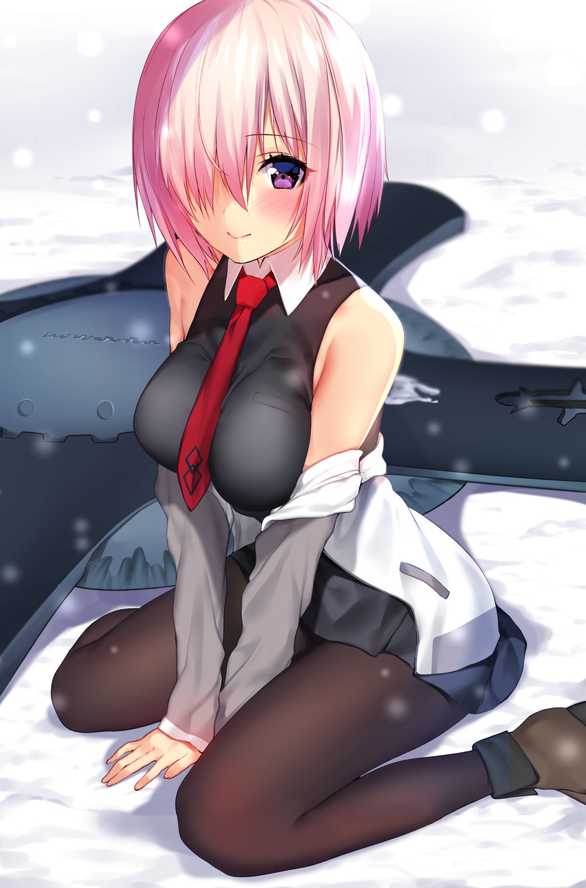 absurdres ankle_boots arm_support bad_revision bare_shoulders between_legs black_dress black_legwear blush boots breast_pocket breasts brown_footwear closed_mouth dress eyelashes fate/grand_order fate_(series) hair_over_one_eye hand_between_legs highres jacket large_breasts long_sleeves looking_at_viewer mash_kyrielight matarou_(genkai_toppa) md5_mismatch necktie off_shoulder on_ground open_clothes open_jacket pantyhose pink_hair pocket purple_eyes purple_hair red_neckwear shadow shield shiny shiny_hair short_dress short_hair sitting sleeveless sleeveless_dress smile snowing solo v_arms wariza winter