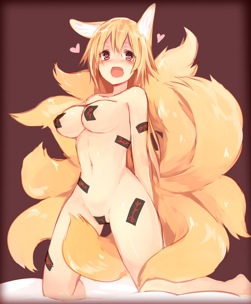 absurdres animal_ears bangs bed_sheet blonde_hair blush breasts brown_background brown_eyes commentary_request convenient_censoring eyebrows_visible_through_hair fox_girl hair_between_eyes heart heart-shaped_pupils highres hips kitsune kneeling kyuubi long_hair looking_at_viewer maebari medium_breasts multiple_tails navel nude ofuda open_mouth original pasties sidelocks simple_background smile solo sukemyon symbol-shaped_pupils tail thighs