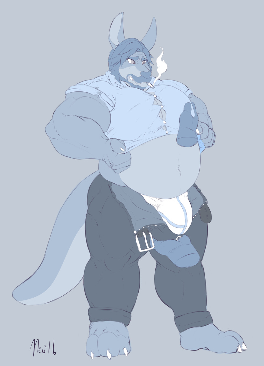 bulge cigarette clothed clothing facial_hair general: kangaroo male mammal marsupial mature_male muscle_chub musclegut muscular muscular_male neokandra smoking solo standing