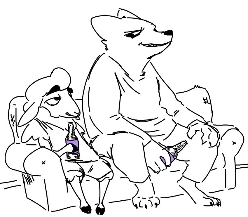 al_(weaver) alcohol anthro beverage canine caprine clothing digital_media_(artwork) disney drunk duo fan_character fur male mammal nobody_(artist) pack_street remmy_cormo sheep simple_background sitting size_difference smile sofa teeth wolf wool zootopia