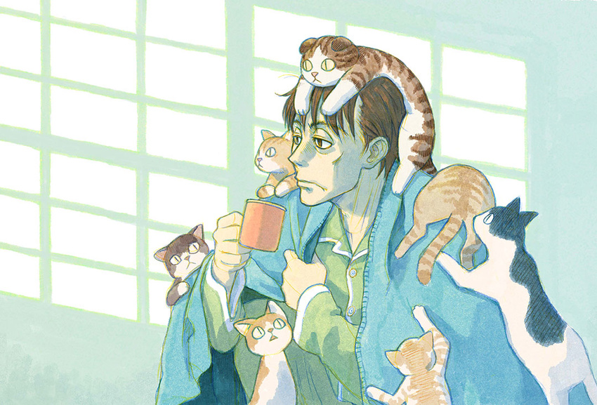 :&lt; animal animal_on_head animal_on_shoulder azuma_kiyohiko blanket brown_eyes brown_hair cat cat_on_head cat_on_shoulder closed_mouth collarbone cup end_card from_side holding holding_cup long_sleeves looking_to_the_side looking_up mug non-web_source on_head pajamas sangatsu_no_lion shimada_kai_(sangatsu_no_lion) short_hair sitting too_many too_many_cats triangle_mouth yellow_sclera |_|
