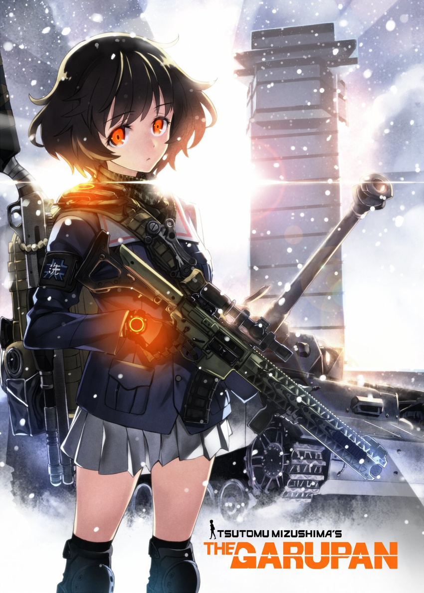 akiyama_yukari ar-15 armband assault_rifle backpack bag bandana bangs black_gloves blue_jacket brown_eyes brown_hair caterpillar_tracks closed_mouth commentary_request cowboy_shot emblem english girls_und_panzer gloves ground_vehicle gun highres holding holding_weapon jacket knee_pads long_sleeves looking_at_viewer lvoa-c matsuryuu messy_hair military military_uniform military_vehicle miniskirt motor_vehicle ooarai_(emblem) ooarai_(ibaraki) ooarai_marine_tower orange_eyes panzerkampfwagen_iv parody pleated_skirt rifle scarf scope shemagh short_hair shotgun skirt snow snowing solo standing tank title_parody tom_clancy's_the_division tower trigger_discipline uniform weapon weapon_request white_skirt