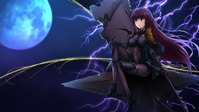 breasts commentary_request covered_navel fate/grand_order fate_(series) full_moon highres kagura_ren large_breasts lightning_bolt long_hair moon pauldrons purple_hair red_eyes ruins scathach_(fate)_(all) scathach_(fate/grand_order) solo