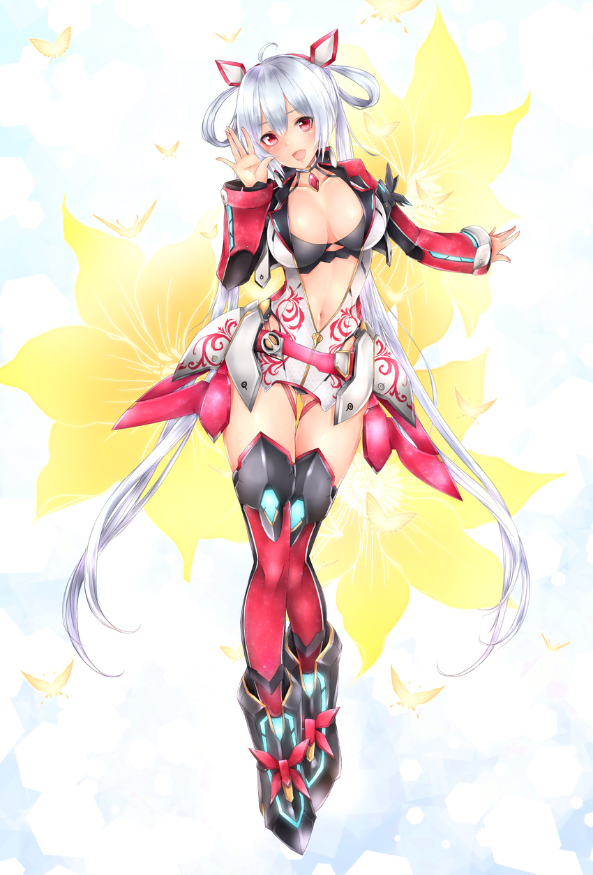 :d absurdly_long_hair ahoge black_bra black_panties bra breasts cleavage collarbone flower frofrofrost full_body hair_ornament head_tilt highres innocent_cluster large_breasts long_hair looking_at_viewer matoi_(pso2) midriff navel open_mouth panties phantasy_star phantasy_star_online_2 red_eyes silver_hair smile solo stomach thighhighs twintails underwear very_long_hair yellow_flower