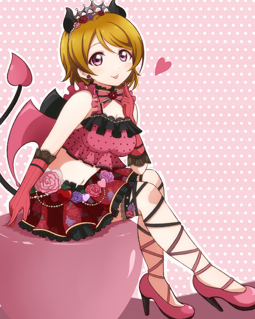 blush brown_hair devil dress gloves horns koizumi_hanayo love_live!_school_idol_project shirt_hair smile violet_eyes