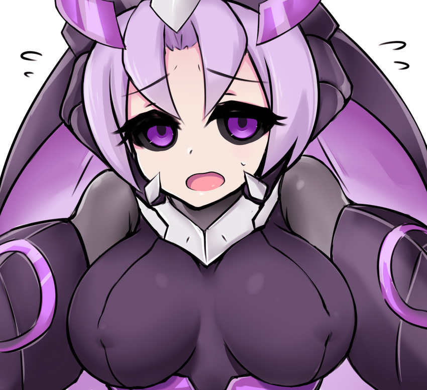 1girl azure_striker_gunvolt black_sclera bodysuit breasts elise_(gunvolt) kuro_mushi large_breasts looking_at_viewer open_mouth purple_eyes purple_hair short_hair skin_tight