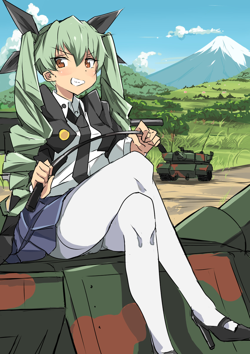 anchovy anzio_school_uniform bangs black_footwear black_neckwear black_ribbon black_skirt blush camouflage cape cloud cloudy_sky commentary crossed_legs day dress_shirt drill_hair girls_und_panzer green_hair grin ground_vehicle hair_ribbon high_heels highres holding long_hair long_sleeves looking_at_viewer military military_vehicle miniskirt motor_vehicle mountain necktie on_vehicle outdoors panties panties_under_pantyhose pantyhose pleated_skirt red_eyes ribbon riding_crop school_uniform shirt shoes sitting skirt sky smile solo tak_(788507) tank thighband_pantyhose twin_drills twintails type_90_kyu-maru underwear white_legwear white_shirt