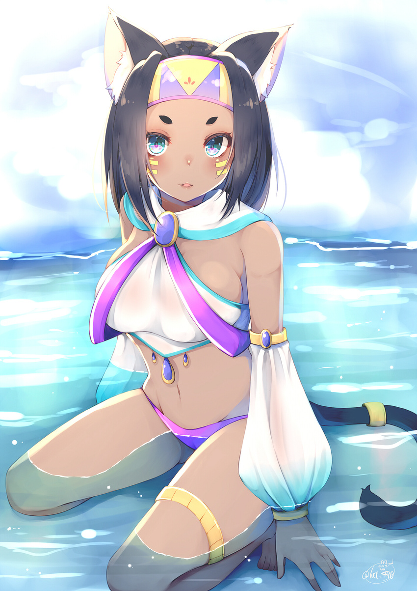 animal_ear_fluff animal_ears bare_shoulders black_hair blue_eyes breasts cat_ears cat_girl cat_tail chita_(ketchup) dark_skin detached_sleeves eyelashes facepaint gem headband highres jewelry kneeling large_breasts lips looking_at_viewer midriff navel original panties parted_lips partially_submerged purple_panties ring short_eyebrows signature solo stomach tail tail_ring thighlet underwear water wet wet_clothes