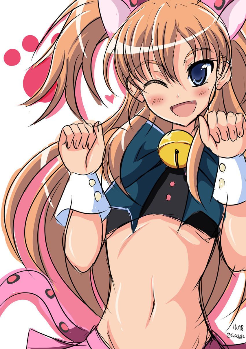 1girl animal_ears animal_tail aokura_shou bell blue_eyes bow bowtie cat_ears cat_pose cat_tail houjou_hibiki long_hair looking_at_viewer navel orange_hair paw_pose paw_print precure sketch small_breasts solo stomach suite_precure tail