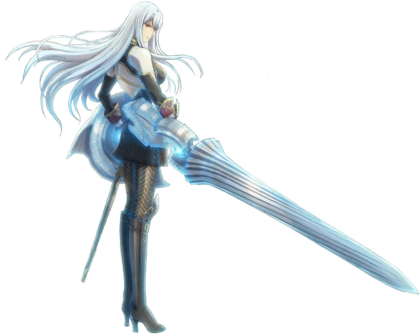 black_footwear black_legwear boots detached_sleeves full_body high_heel_boots high_heels holding holding_weapon honjou_raita knee_boots lance long_hair military official_art polearm red_eyes selvaria_bles senjou_no_valkyria senjou_no_valkyria_1 shield silver_hair simple_background solo standing weapon white_background