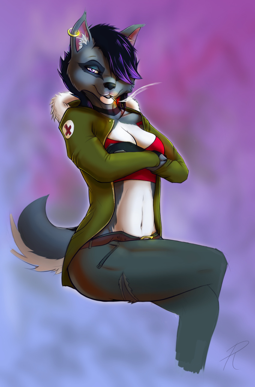 breasts canid canine canis cigarette clothing ear_piercing ear_ring female grin hair hoodie invalid_color jacket jenny mammal momentai pants piercing punk smile solo wolf