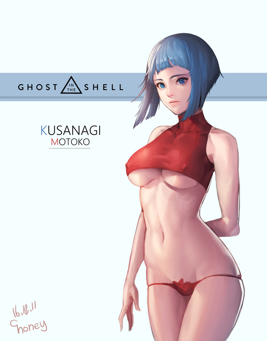 absurdres arm_behind_back artist_name bangs bare_shoulders blue_eyes blue_hair blunt_bangs bob_cut breasts character_name choney closed_mouth collarbone commentary copyright_name covered_nipples cowboy_shot crop_top dated eyelashes ghost_in_the_shell ghost_in_the_shell_arise groin highres kusanagi_motoko legs_together lips looking_at_viewer lowleg lowleg_panties medium_breasts midriff navel nose panties pink_lips red_panties short_hair sleeveless solo stomach turtleneck underboob underwear