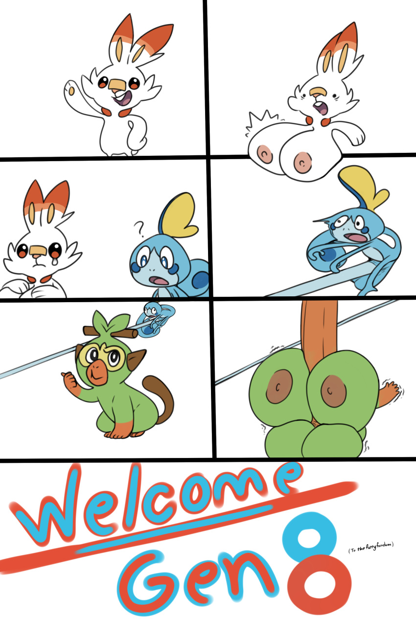 2019 breast_expansion breast_growth breasts comic dickgirl erection female flora_fauna grookey growth humor hyper intersex joke lagomorph leaf male mammal nintendo nipples penis penis_expansion penis_growth plant pok&eacute;mon pok&eacute;mon_(species) primate reptile scalie scorbunny sobble somewhatsketchy video_games