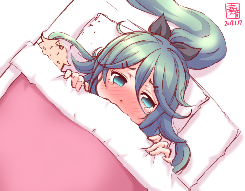 blush commentary covering_mouth dated futon green_eyes green_hair hair_between_eyes hair_ornament hair_ribbon hairclip kanon_(kurogane_knights) kantai_collection long_hair looking_at_viewer pillow ponytail ribbon sketch tears the_yuudachi-like_creature yamakaze_(kantai_collection)