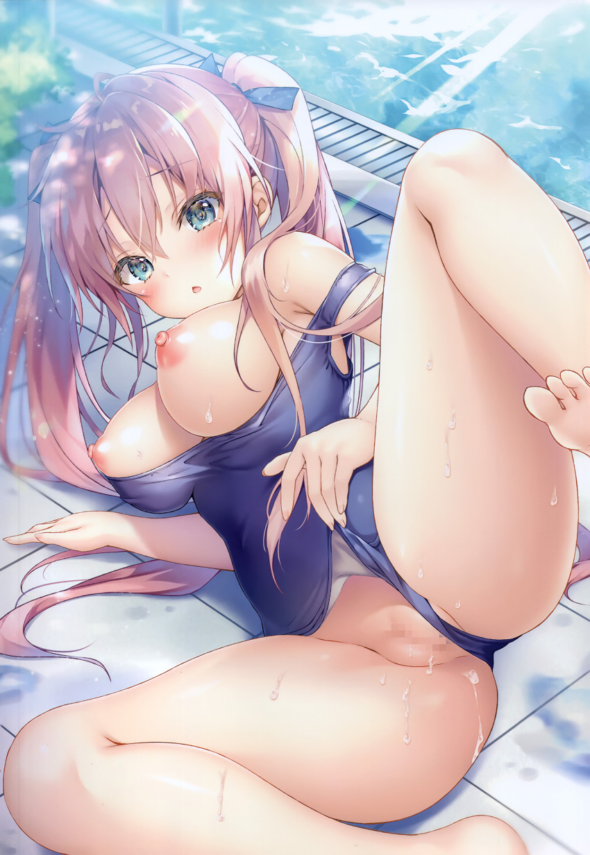 1girl :o absurdres bare_arms bare_legs bare_shoulders barefoot blue_eyes blue_one-piece_swimsuit blue_ribbon blush breasts breasts_out bush cameltoe censored clothes_pull collarbone covered_navel covered_nipples day eyelashes feet groin hair_between_eyes hair_ribbon highres impossible_clothes impossible_swimsuit kino_(kino_konomi) large_breasts leg_up long_hair looking_at_viewer lying melonbooks mosaic_censoring nipples non-web_source old_school_swimsuit on_side one-piece_swimsuit one-piece_swimsuit_pull open_mouth original outdoors photoshop_(medium) pink_hair pool pool_ladder poolside ribbon school_swimsuit sidelocks skin_tight soles solo sweat swimsuit taut_clothes taut_swimsuit toes twintails very_long_hair water