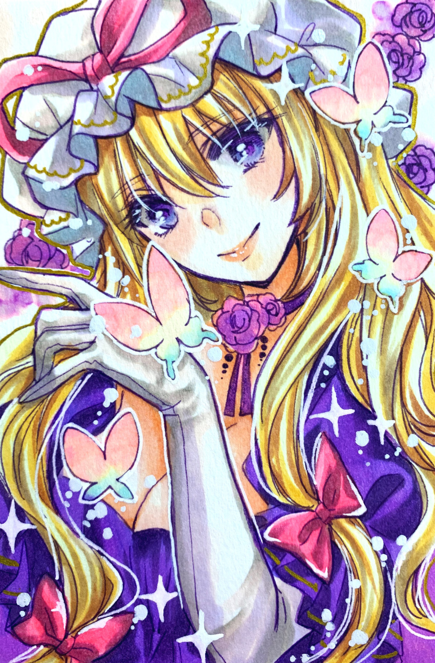1girl absurdres akaioringo2023 blonde_hair bow breasts bug butterfly cleavage dress elbow_gloves gloves hair_bow hat hat_ribbon highres long_hair mob_cap puffy_short_sleeves puffy_sleeves purple_dress purple_eyes red_bow red_ribbon ribbon short_sleeves smile solo touhou white_gloves white_headwear yakumo_yukari