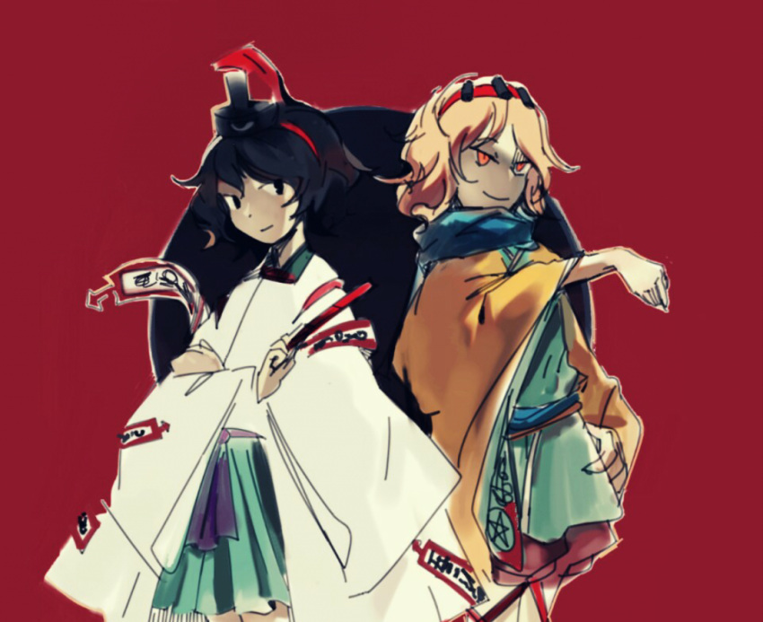 2others androgynous black_eyes black_hair black_headwear closed_mouth cocopalm crossed_arms green_hakama green_kimono hairband hakama hakama_skirt hand_on_own_hip hat japanese_clothes kariginu kimono leg_ribbon len'en long_sleeves medium_hair multiple_others ofuda ofuda_on_clothes orange_eyes orange_hair other_focus red_background red_footwear red_hairband red_ribbon ribbon senri_tsurubami short_hair sketch skirt smile tate_eboshi wide_sleeves zuifeng_tenkai