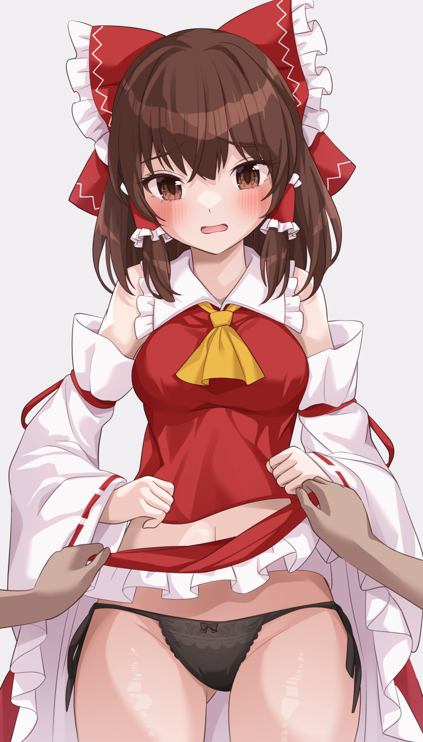 1girl 1other absurdres ascot bare_shoulders blush bow breasts brown_eyes brown_hair clothes_lift commission cowboy_shot detached_sleeves frilled_skirt frills groin hair_bow hair_tubes hakurei_reimu highres japanese_clothes lifted_by_another long_hair medium_breasts nontraditional_miko open_mouth ramie_(ramie541) red_bow red_skirt ribbon-trimmed_sleeves ribbon_trim sidelocks skeb_commission skirt skirt_lift touhou white_sleeves wide_sleeves yellow_ascot