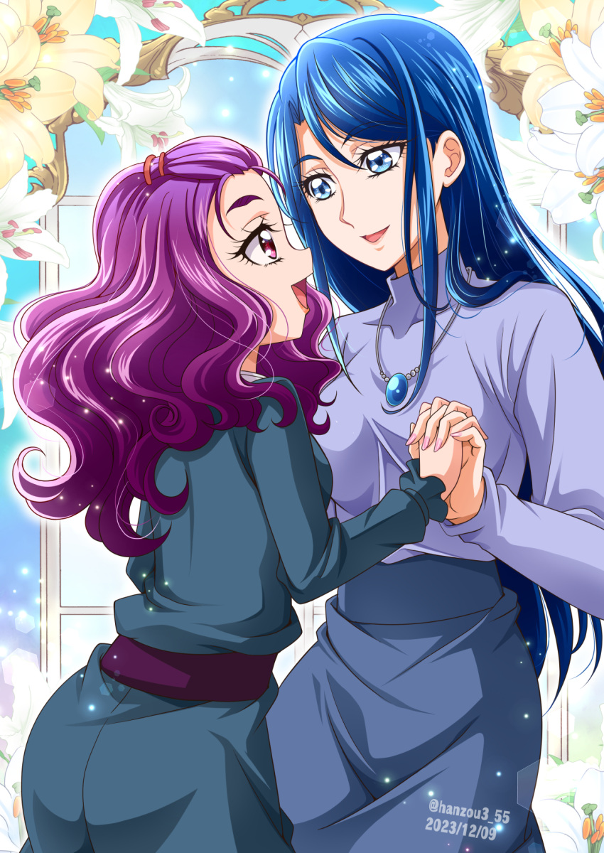 2023 2girls :d artist_name blue_eyes blue_hair commentary_request dated eyelashes flower hanzou happy highres jewelry kibou_no_chikara_~otona_precure_'23~ lily_(flower) long_hair looking_at_another milk_(yes!_precure_5) mimino_kurumi minazuki_karen multiple_girls open_mouth precure purple_eyes purple_hair smile standing twitter_username wavy_hair yes!_precure_5 yes!_precure_5_gogo! yuri