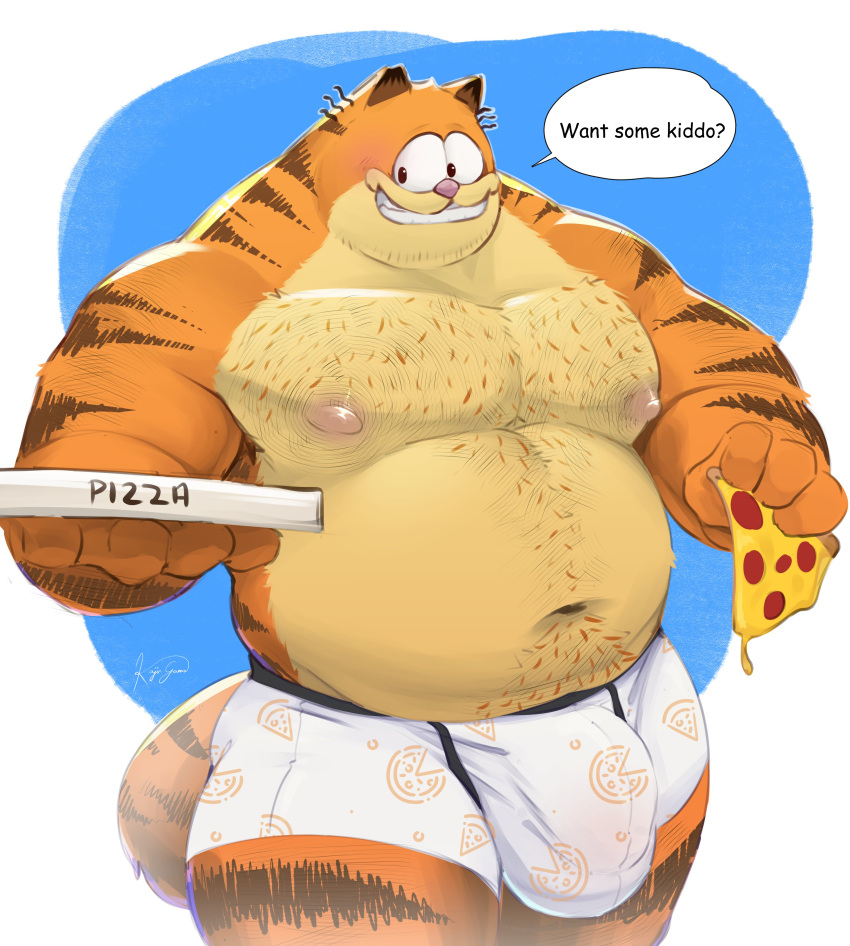 2023 absurd_res anthro barazoku big_bulge body_hair boxer_briefs boxer_briefs_only bulge chest_hair clothed clothing detailed_bulge domestic_cat duo english_text felid feline felis food hairy hi_res kajin-sama male male/male mammal mature_male musclegut nipples overweight overweight_male pattern_clothing pattern_underwear pecs pizza pizza_box text topless underwear underwear_only vic_(garfield)