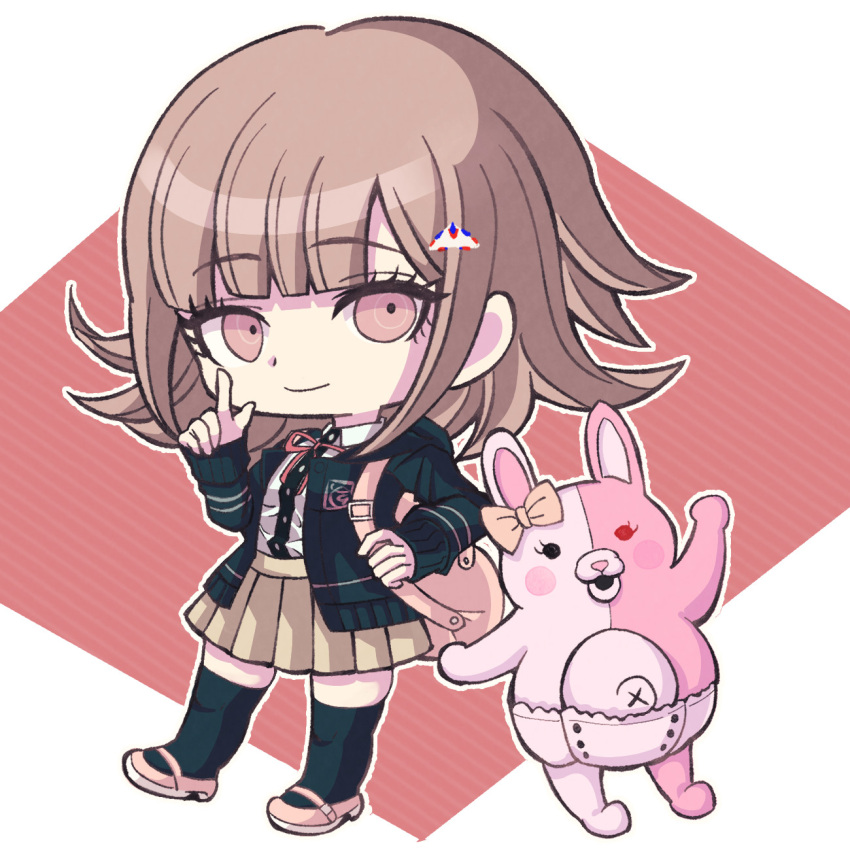 1girl black_shirt black_thighhighs bow brown_hair brown_skirt collared_shirt danganronpa_(series) danganronpa_2:_goodbye_despair diaper ear_bow flipped_hair fol0050 heterochromia highres hood hood_down hooded_jacket jacket miniskirt monomi_(danganronpa) nanami_chiaki open_clothes open_jacket pink_eyes pink_footwear pleated_skirt red_background shirt shirt_tucked_in skirt smile spaceship_hair_ornament thighhighs white_background white_shirt zettai_ryouiki