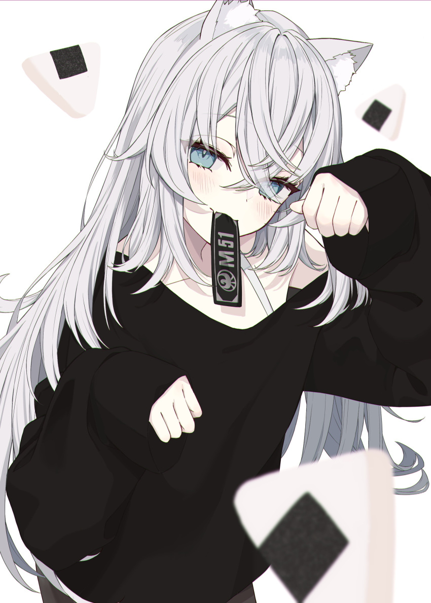 1girl absurdres animal_ears black_shirt blue_eyes cat_ears fate/grand_order fate_(series) food grey_hair highres kake_udon long_hair mouth_hold onigiri paw_pose saika_magoichi_(fate) shirt sleeves_past_wrists ticket