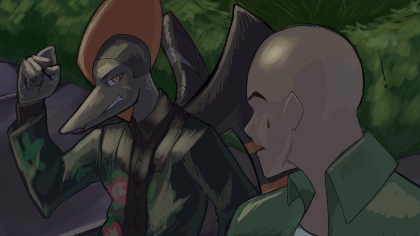 16:9 5_fingers anon_(snoot_game) anthro bald bone_frill chervyarts clenched_teeth clothed clothing colored dress_shirt duo exclamation_point eye_contact fingers fist floral_print frill_(anatomy) glaring glaring_at_another goodbye_volcano_high grass grey_body grey_hair grey_scales hair hi_res human jacket looking_at_another male mammal membrane_(anatomy) membranous_wings naser_(gvh) outside plant pterodactylus pterosaur reptile scales scalie shirt short_hair snoot_game snout teeth topwear widescreen wings yellow_eyes