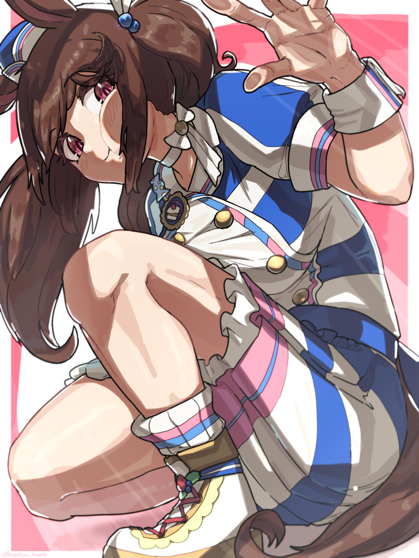 1girl against_glass animal_ears blue_dress boots border bow breasts brown_hair choker closed_mouth commentary_request dress ear_ornament gloves highres hishi_akebono_(umamusume) horse_ears horse_girl horse_tail large_breasts long_hair looking_at_viewer marbow_tomato multicolored_clothes multicolored_dress multicolored_socks pink_background pink_dress puffy_short_sleeves puffy_sleeves red_eyes short_sleeves simple_background single_glove smile socks solo tail twintails umamusume white_border white_bow white_choker white_dress white_footwear white_gloves white_socks wrist_cuffs