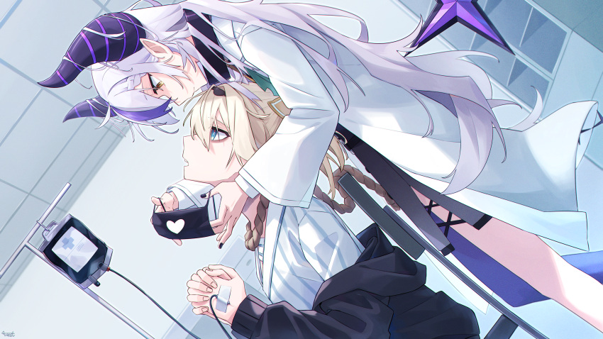 2girls absurdres ahoge alternate_costume aqua_eyes black_nails blonde_hair braid braided_bangs chain closed_mouth commentary_request dutch_angle grey_hair highres hololive horns infirmary iv_stand kazama_iroha la+_darknesss la+_darknesss_(1st_costume) lab_coat long_hair looking_at_another mask mouth_mask multicolored_hair multiple_girls noose open_mouth own_hands_clasped own_hands_together pointy_ears purple_hair sitting standing streaked_hair striped_horns sweater virtual_youtuber westlee_ar yellow_eyes